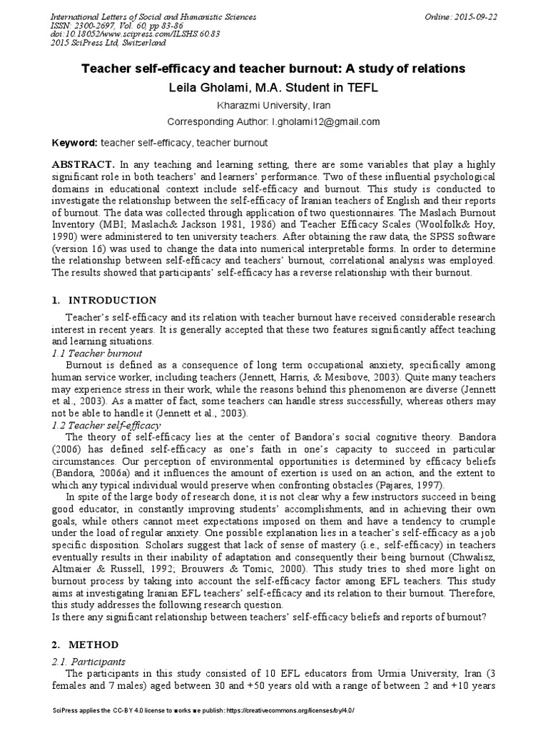 Teacher Self-Efficacy and Burnout Study | PDF | Self Efficacy ...