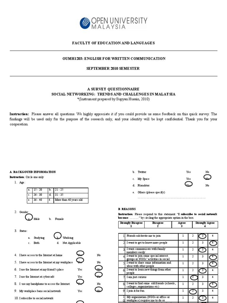 Questionnaire Social Networking Social Networking Service Questionnaire