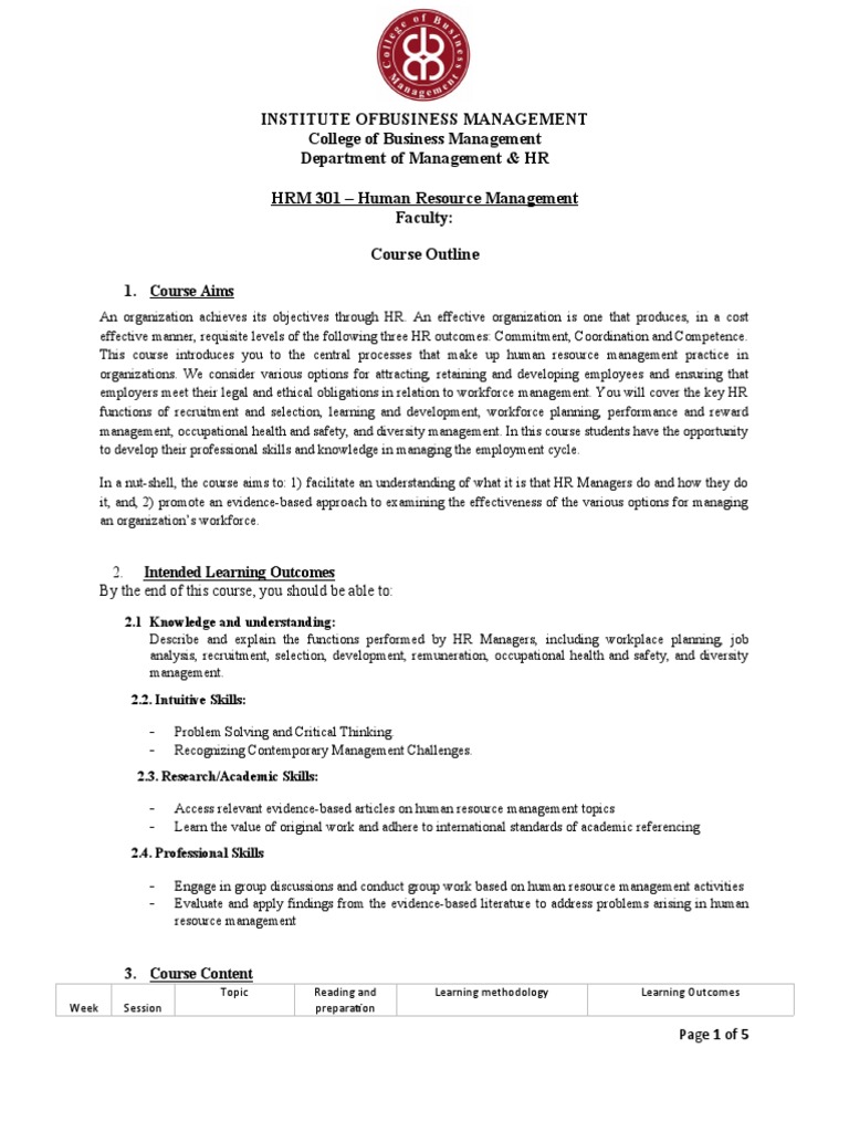 HRM 301 Course Outline and Objectives | PDF | Human Resource Management ...