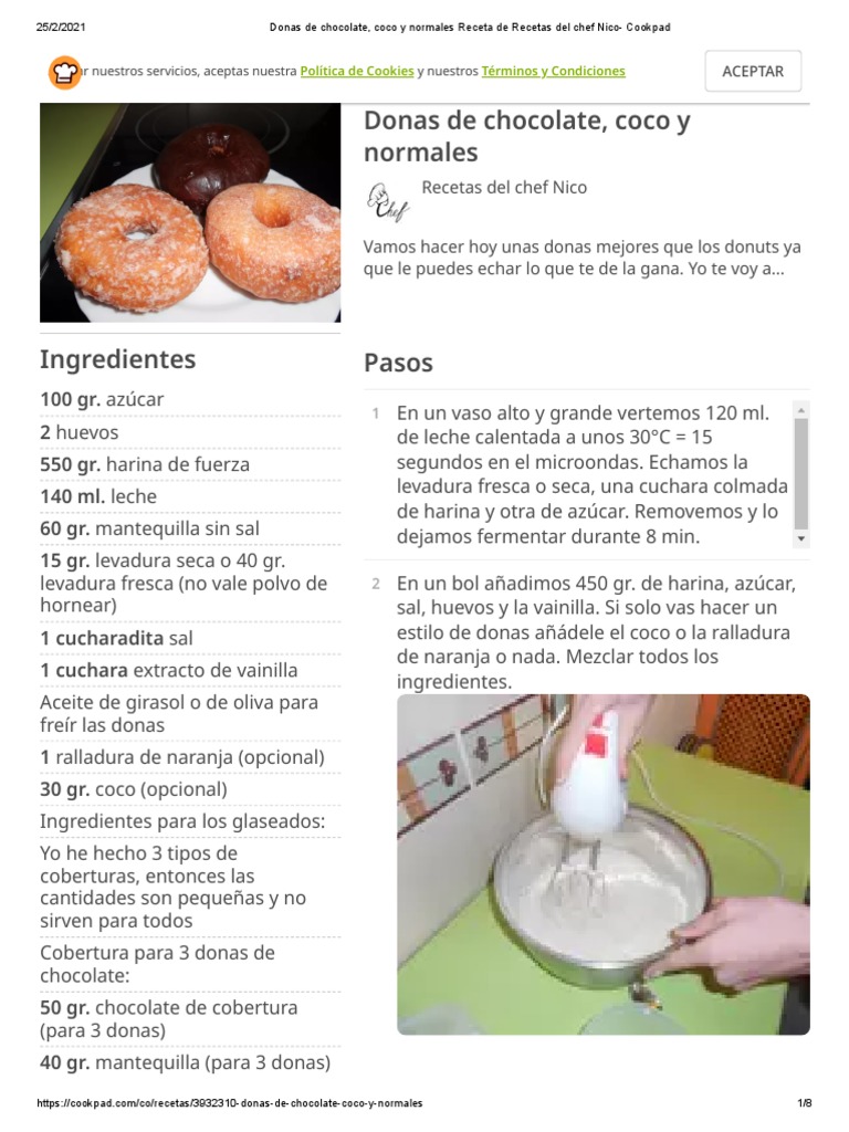 Donas de Chocolate, Coco y Normales Receta de Recetas Del Chef Nico -  Cookpad | PDF | Chocolate | Levadura