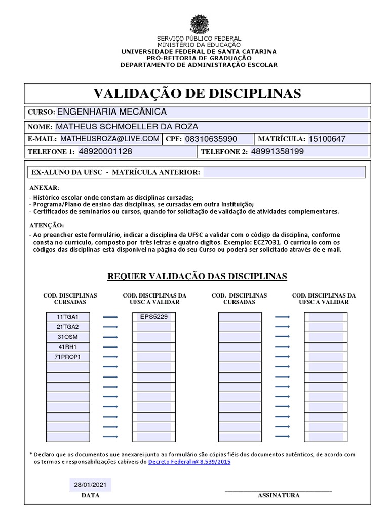 Validação de Disciplinas - ALUNO | PDF