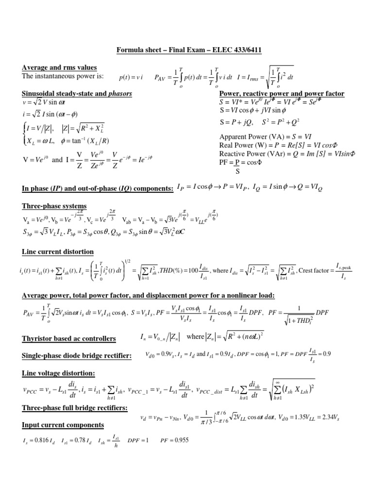 Sample Formula Sheet Final PDF Ac Power Rectifier
