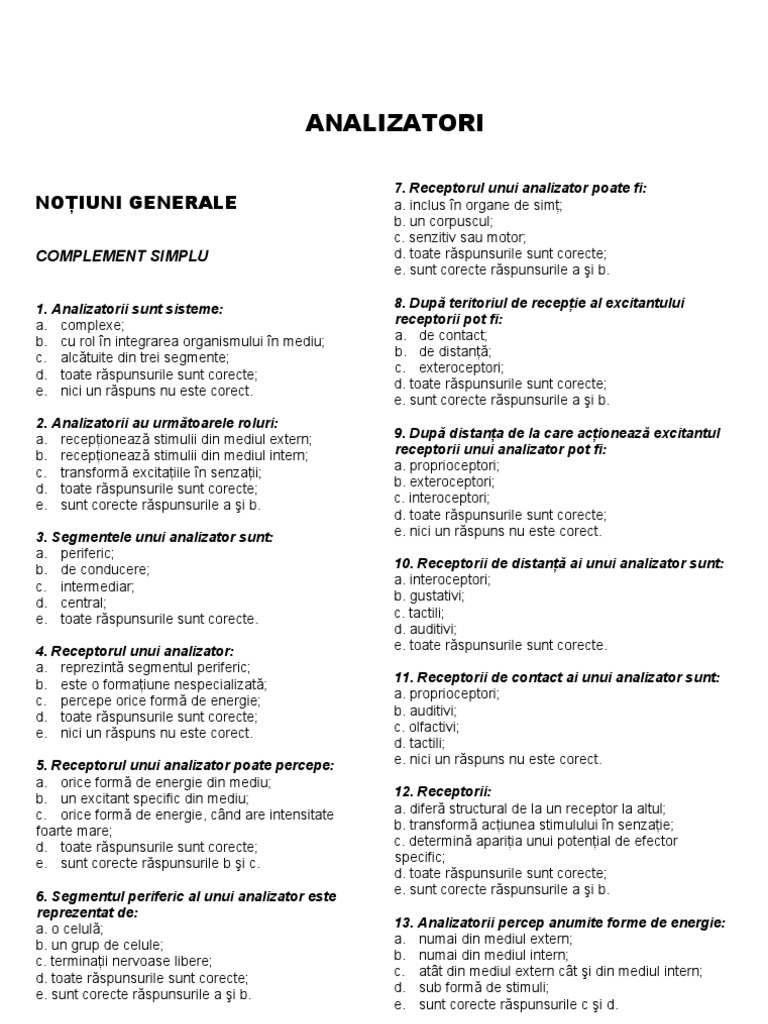 Grile Anatomie UMF Const. - III - ANALIZATORI | PDF