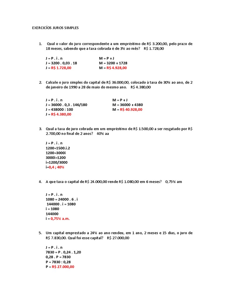 Exercícios Resolvidos de Juros Simples | PDF | Juros | Pagamentos