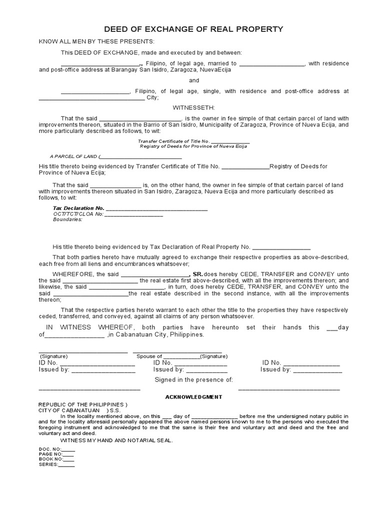 DEED OF EXCHANGE OF LAND Form PDF Deed Land Law