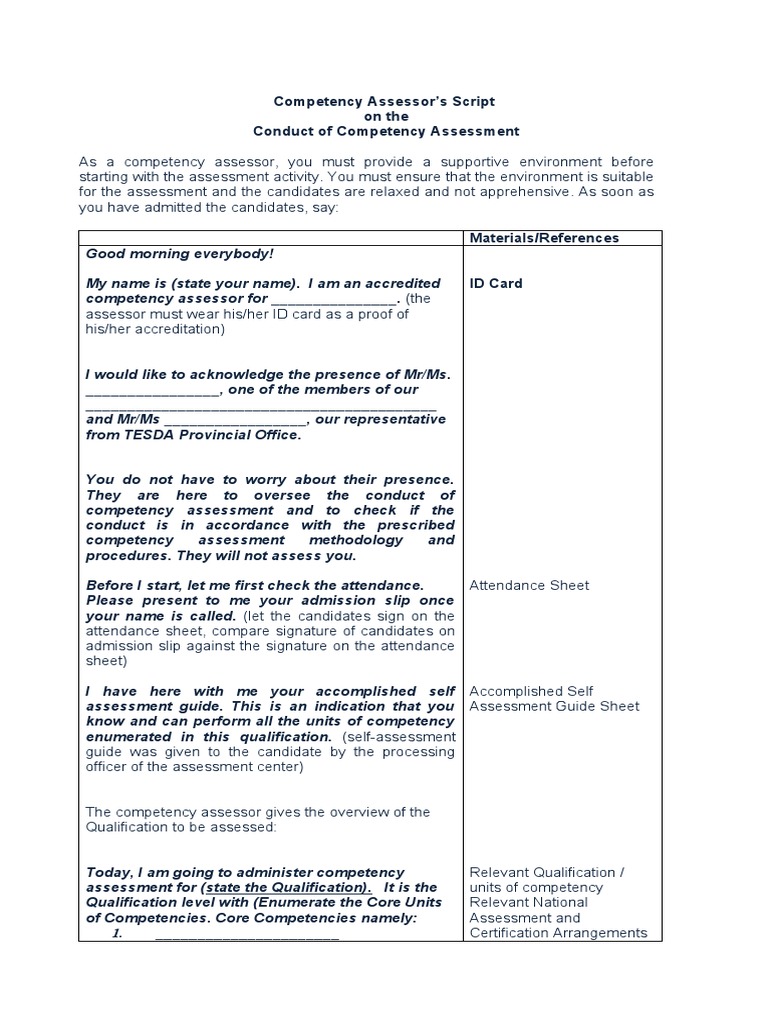 TESDA Competency Assessor Script | PDF | Signature | Business