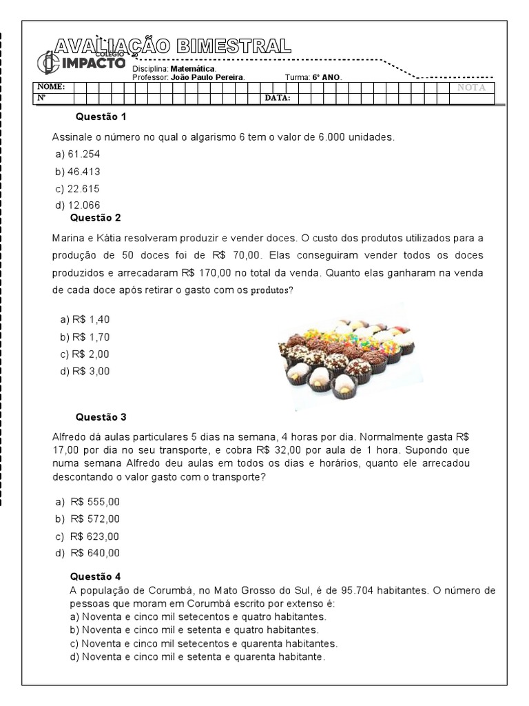 Prova de Matemática do 6o ano com 10 questões objetivas sobre números e ...