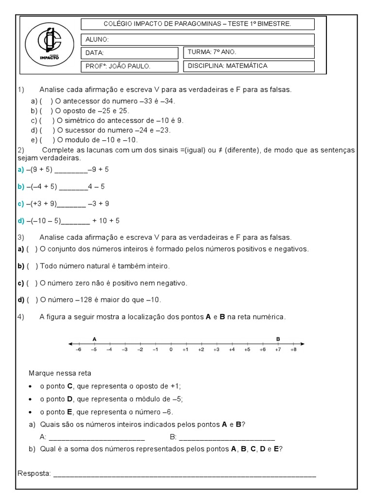 MATEMÁTICA - TESTE 1º BIMESTRE - 7º Ano. | PDF