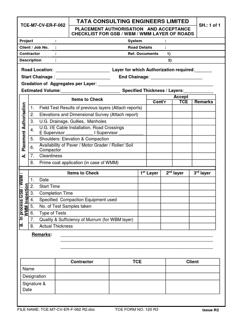 GSB/WBM/WMM Road Layer Inspection Checklist | PDF | Nature