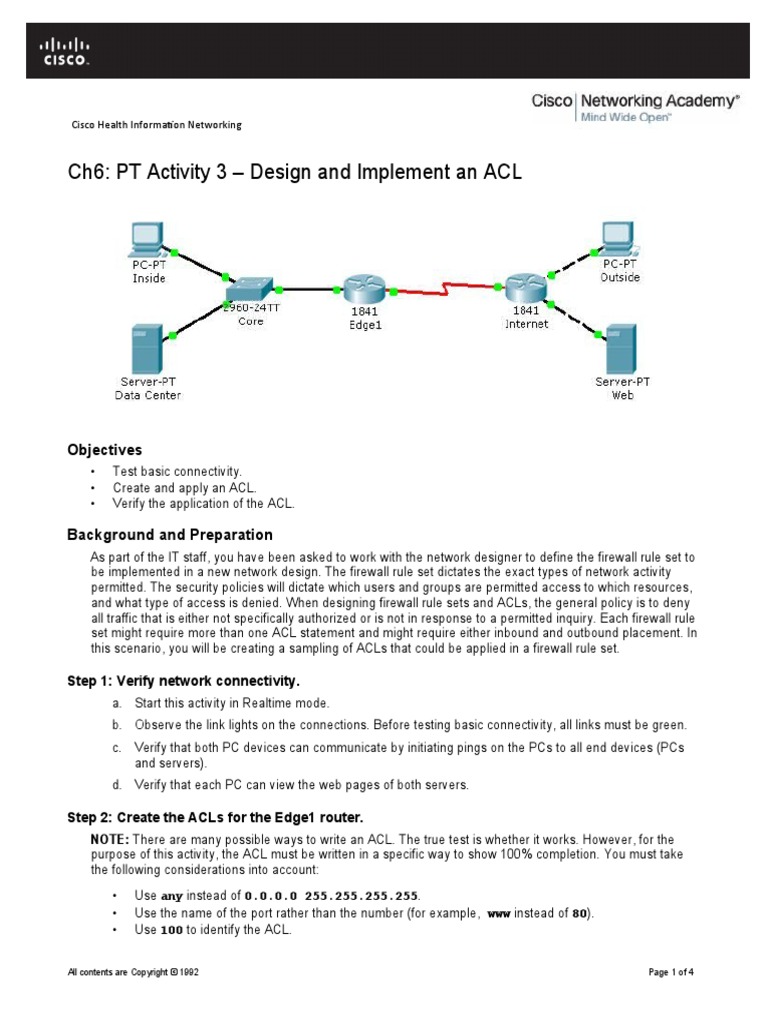Ch6: PT Activity 3 - Design and Implement An ACL: Objectives | PDF ...