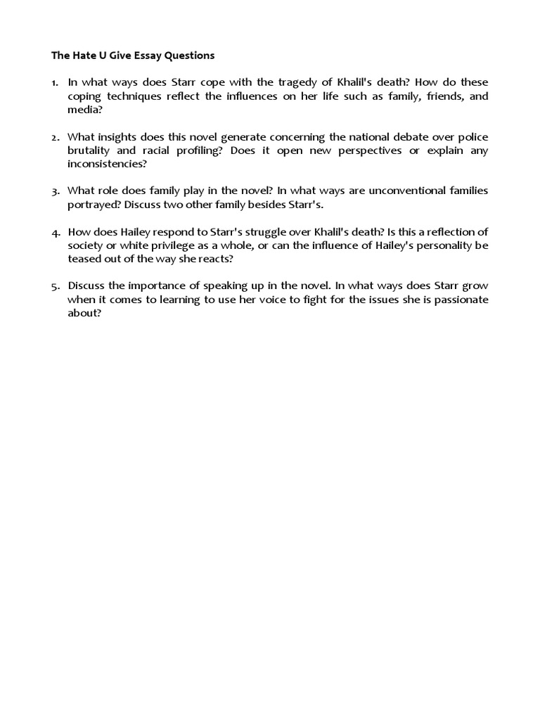 The Hate U Give Essay Questions | PDF | Politics | General Fiction