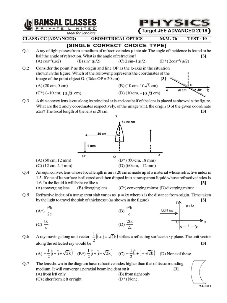 Advanced Geometrical Optics Test Questions | PDF | Refraction | Mirror