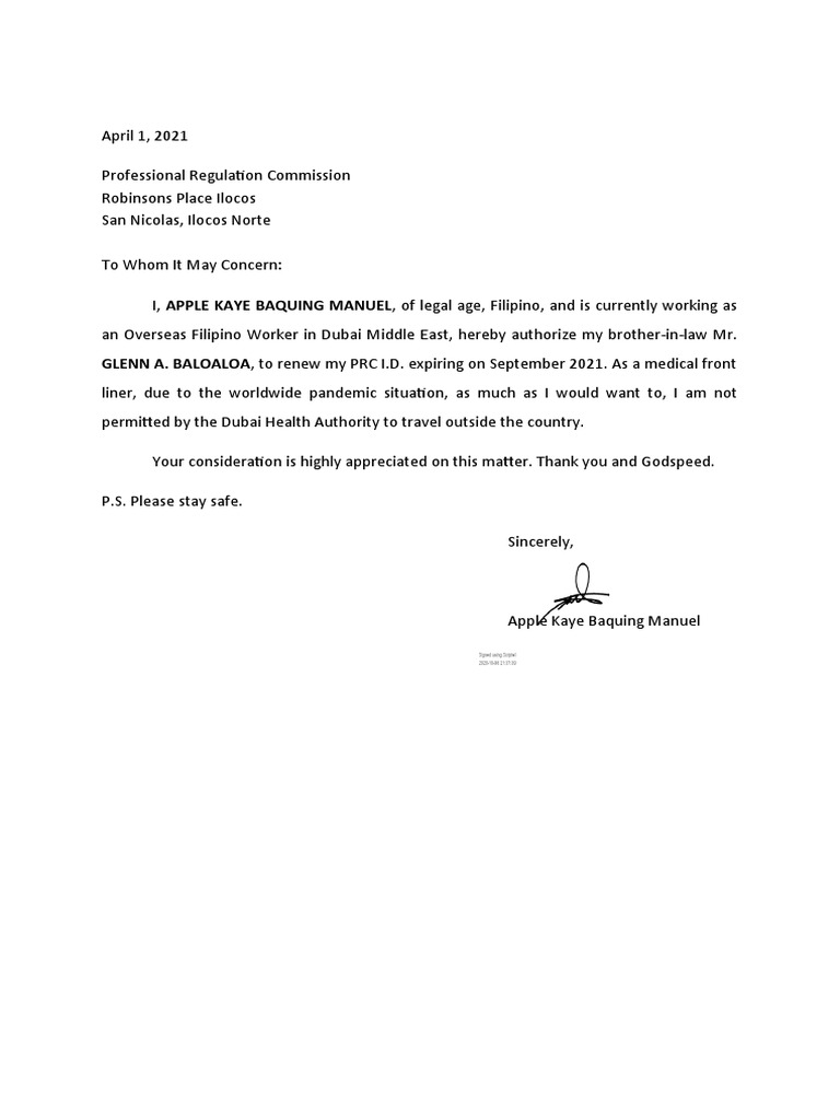 PRC Renewal Authorization Letter | PDF | Self-Improvement | Wellness