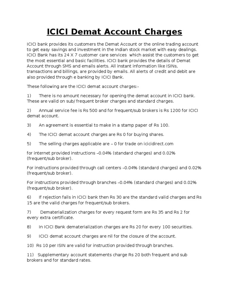 Icici Demat Account Charges Pdf Service Industries Corporations