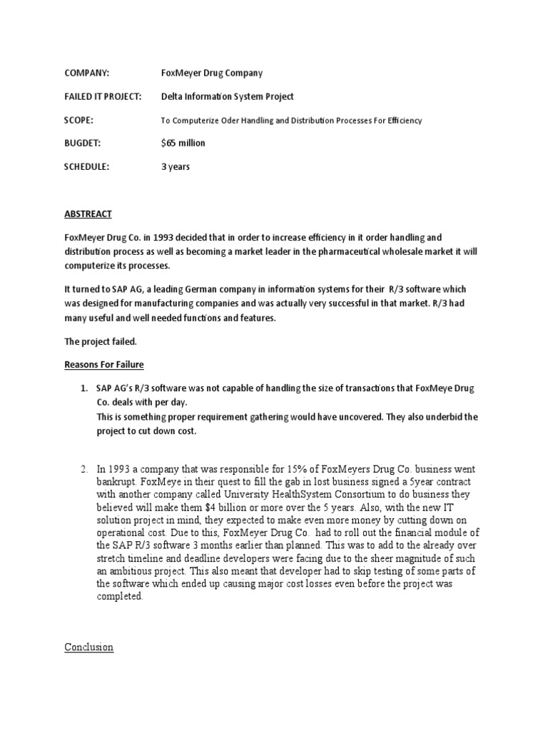 FoxMeyer Drug ERP Project Failure Analysis | PDF | Finance & Money ...