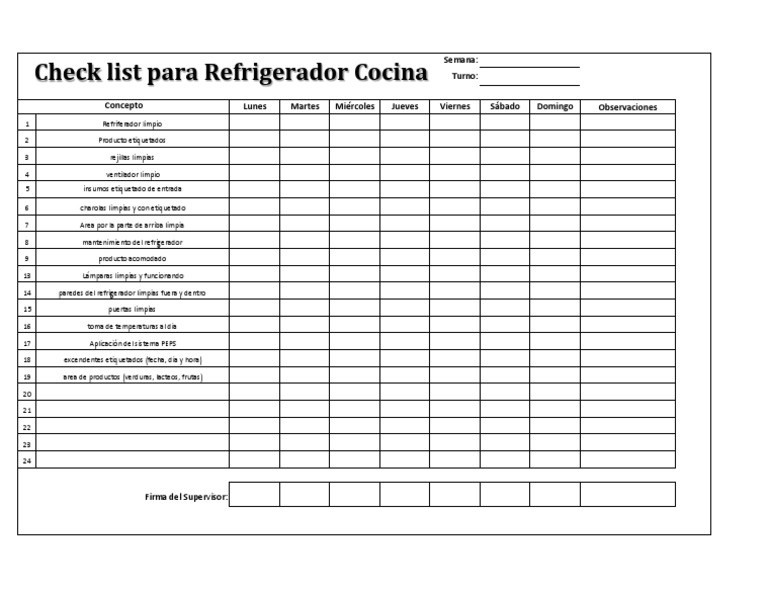 Check List para Refrigerador Cocina | PDF | Cocina, comidas y vino
