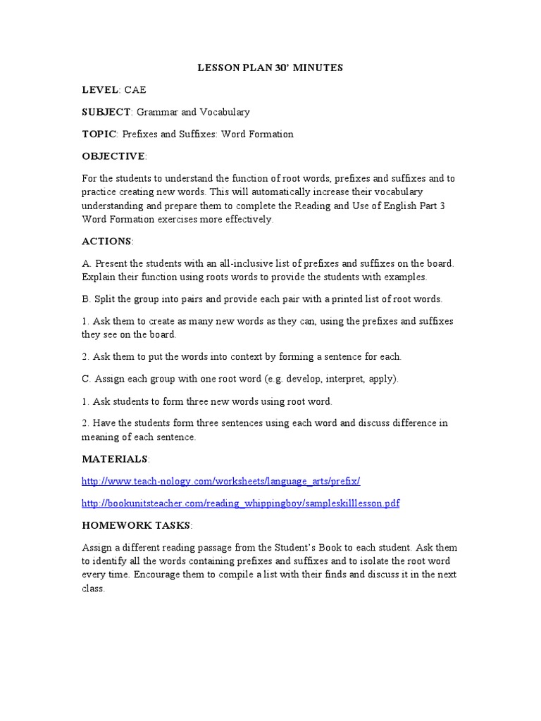 CAE Lesson Plan: Prefixes and Suffixes | PDF