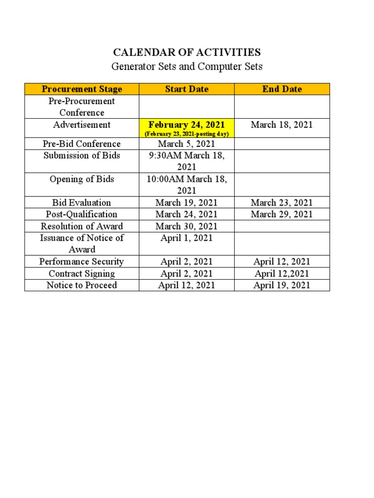 Calendar of Activities-Gen Sets and Computer Sets | PDF