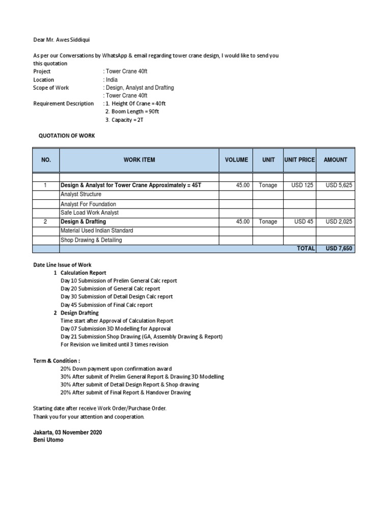 Quotation of Tower Crane 40ft PDF Crane (Machine) Economic Sectors