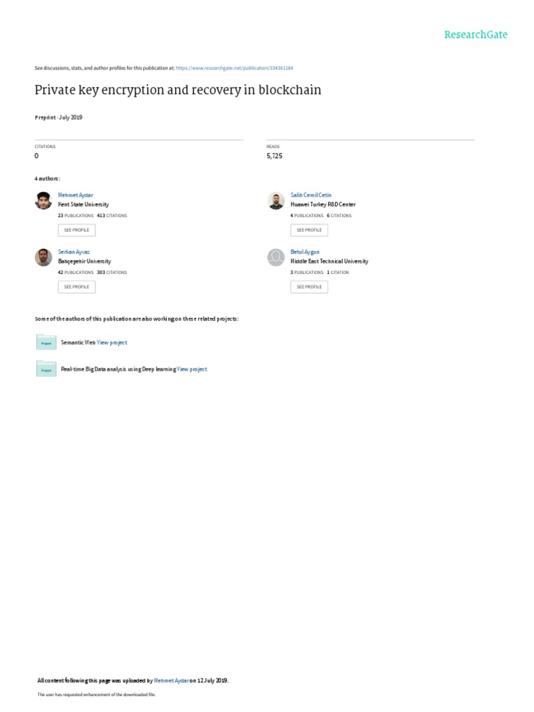 Private Key Encryption and Recovery in Blockchain: July 2019 | PDF | Public  Key Cryptography | Key (Cryptography)