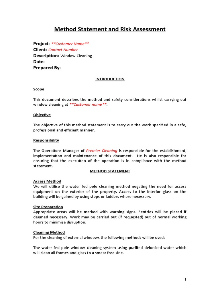 Method Statement and Risk Assessment: Project: Client: Description ...