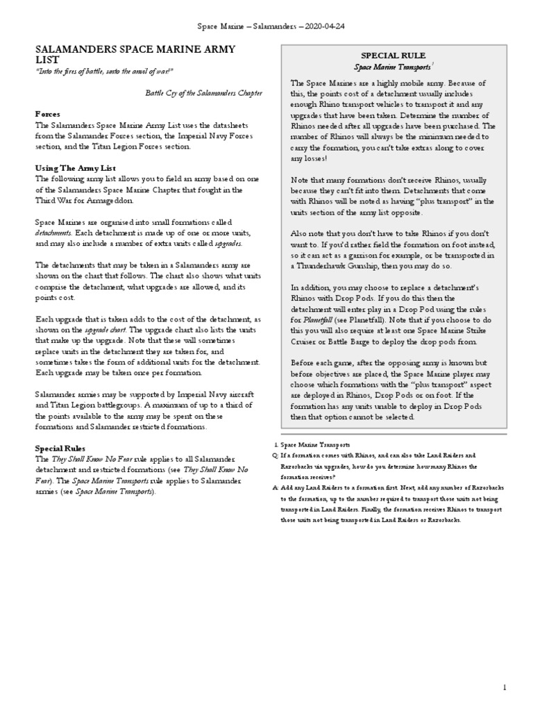 Salamanders Space Marine Army List | PDF | Warfare | Military Technology