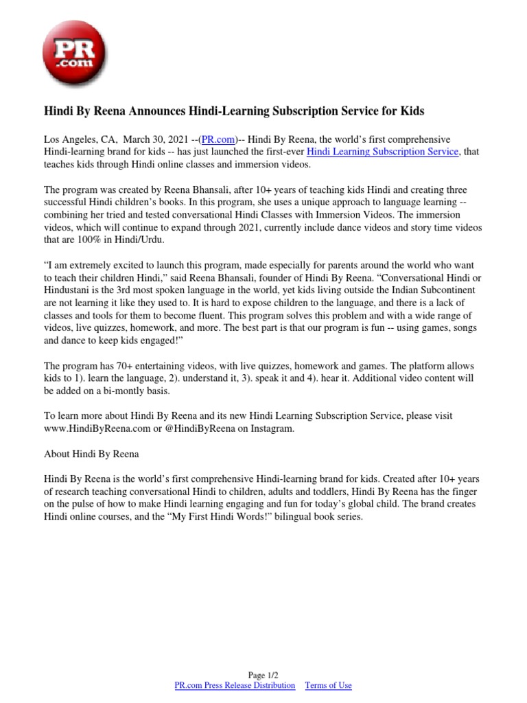 Hindi By Reena Announces Hindi Learning Subscription Service For Kids Communication Human Communication