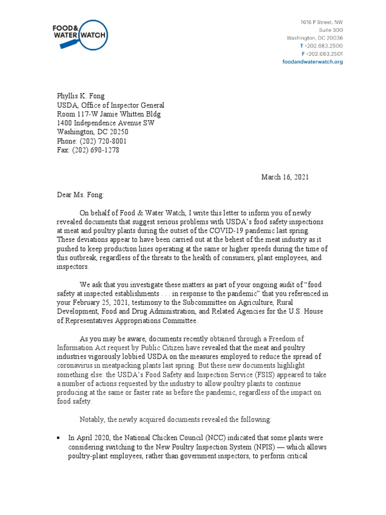 Food Safety Letter To USDA Inspector General Phyllis Fong PDF Food(02)
