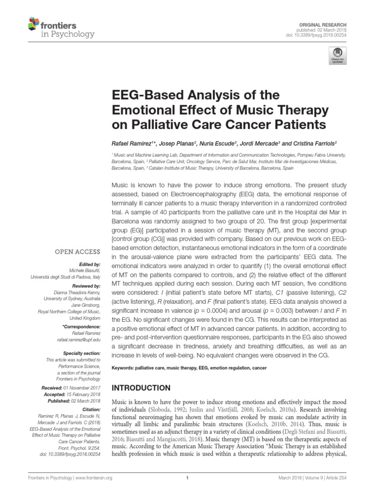 Eeg Based Analysis Of The Emotional Effect Of Music Therapy On Palliative Care Cancer Patients Pdf Electroencephalography Palliative Care