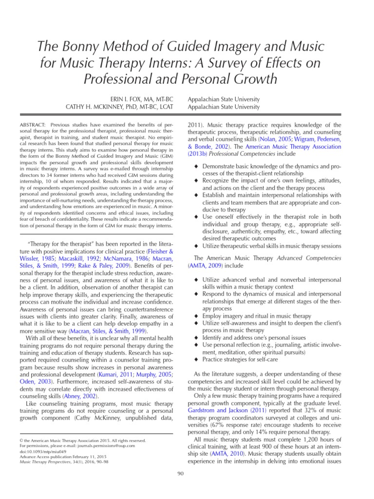 The Bonny Method of Guided Imagery and Music For Music Therapy Interns A Survey of Effects On