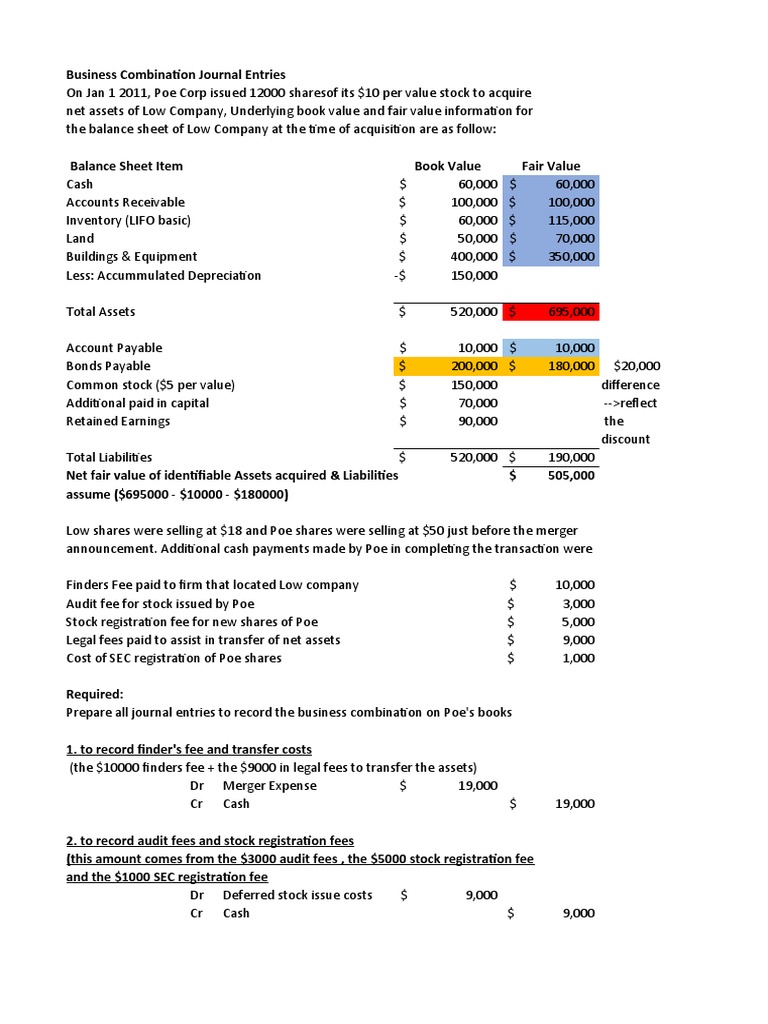 Business Combination Exercises PDF Book Value Goodwill (Accounting)