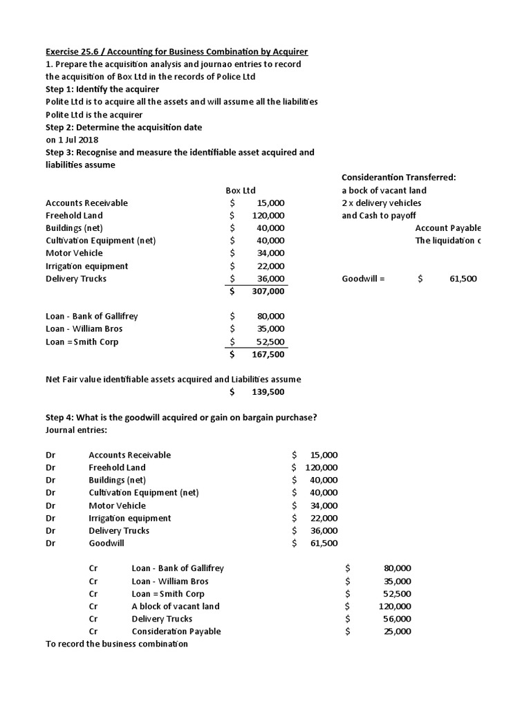 Business Combination Textbook Exercisess PDF Goodwill (Accounting