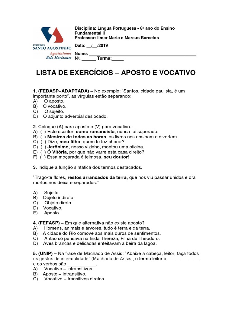 Exercícios de Aposto e Vocativo 8º Ano | PDF | Assunto (gramática ...