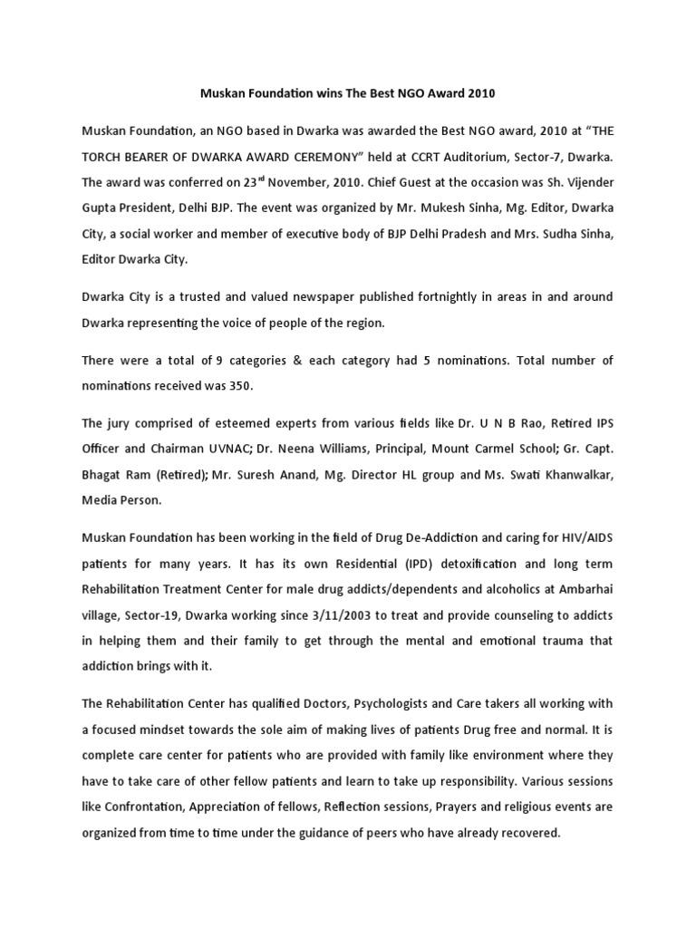 Muskan Foundation Best NGO Award 2010 | PDF