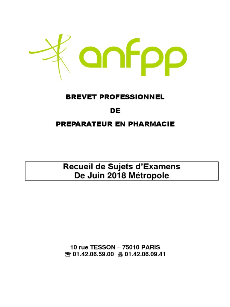 Sujets Corrigés Bp Préparateur En Pharmacie 2018