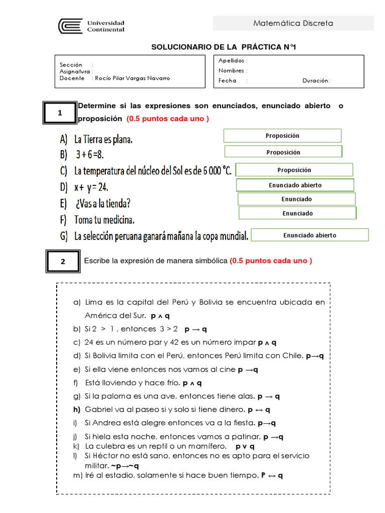 SOL PRÁCTICA 1 - Mate Discreta | PDF | Proposición | Lógica