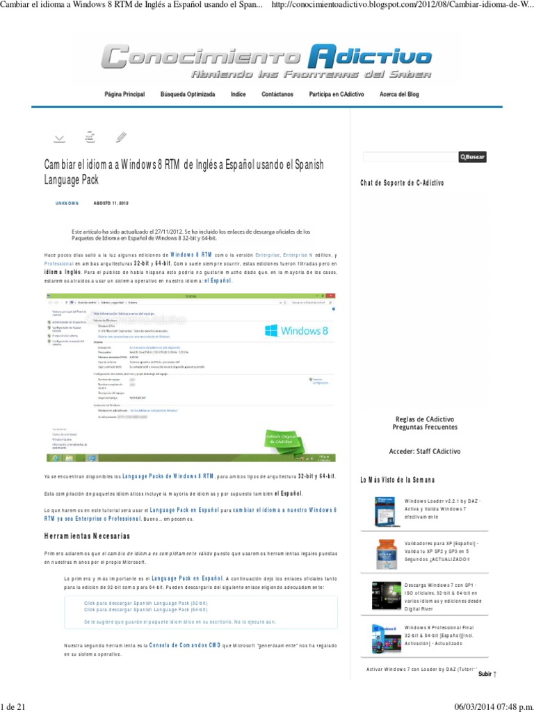 Cambiar El Idioma A Windows 8 RTM de Ingles A Espanol Usando El Spanish
