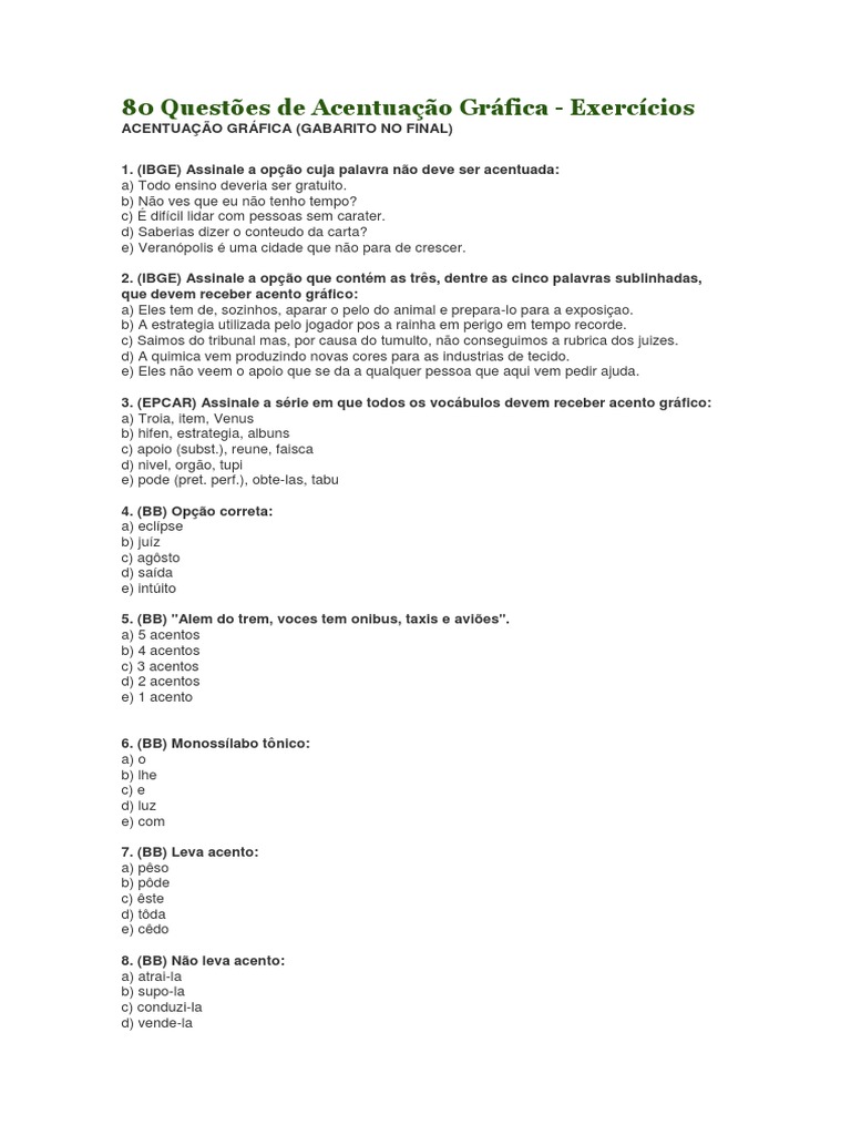 80 Questões de Acentuação Gráfica - Exercícios Completos com Gabarito ...