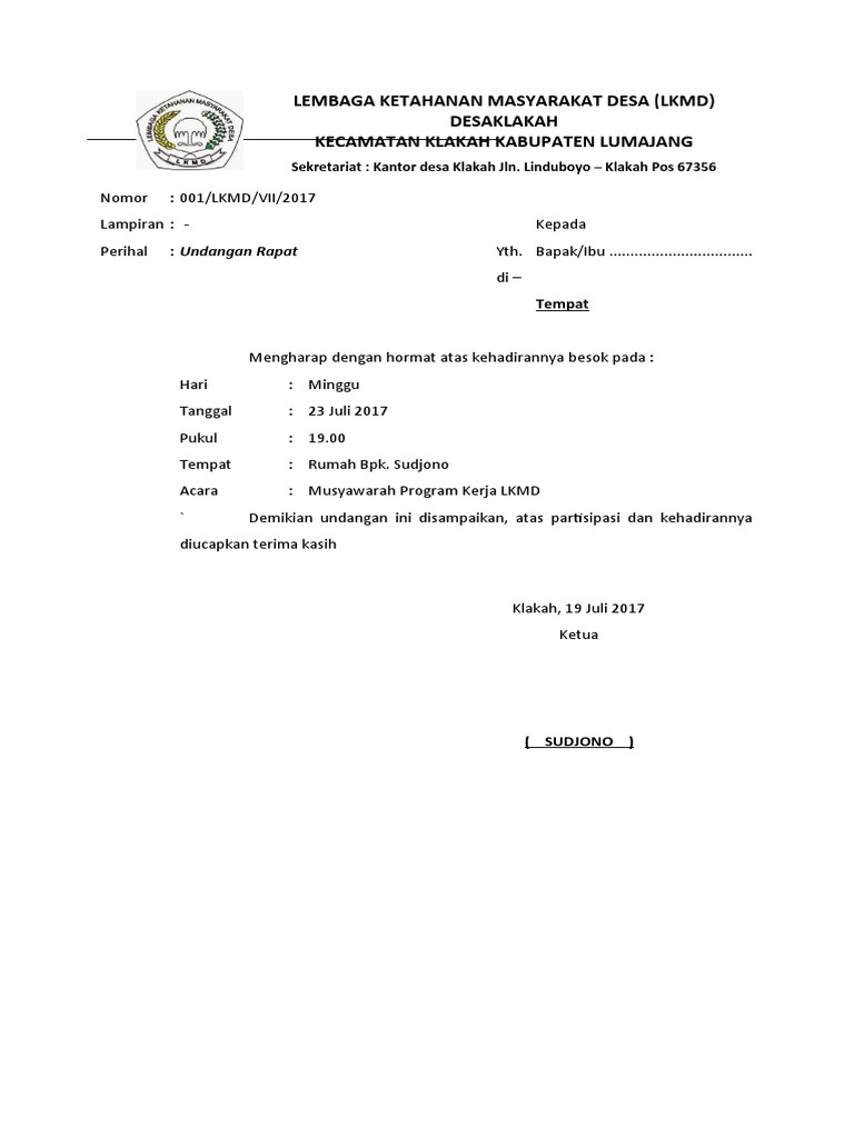 Undangan Rapat LKMD Klakah 2017-2018 | PDF | Griya & Taman