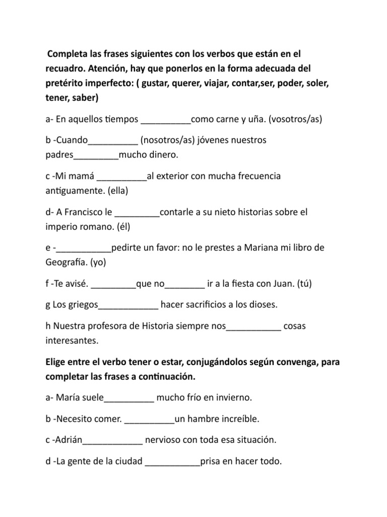 Ejercicios de Verbos en Pretérito Imperfecto | PDF