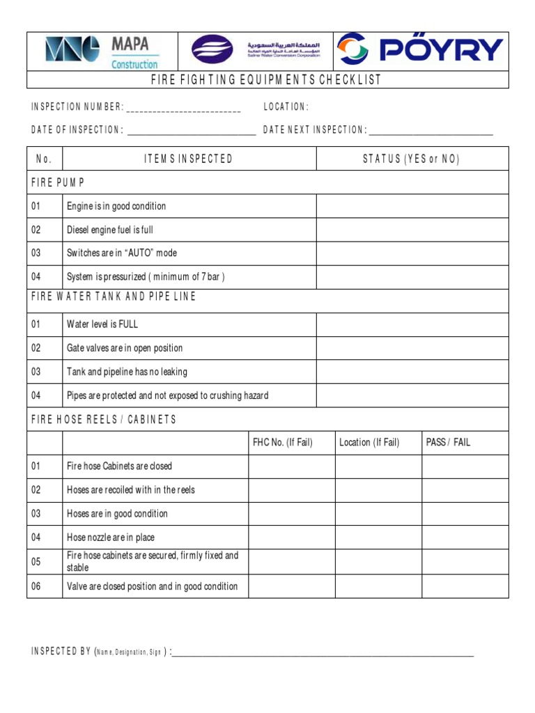 Fire Fighting Equipment Inspection Checklist | PDF | Door | Fires