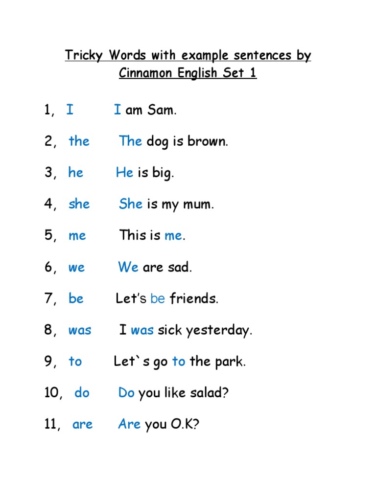 Tricky Words With Example Sentences by Cinnamon English Set 1 | PDF ...