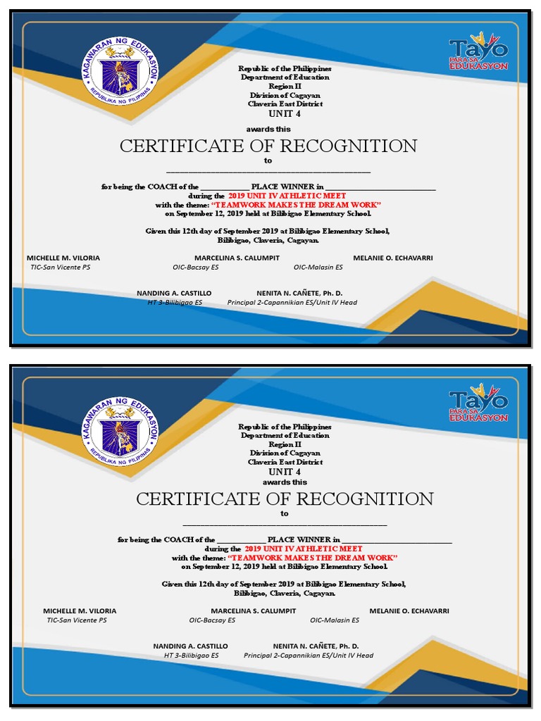 Certificate of Recognition: 2019 Unit IV Meet | PDF