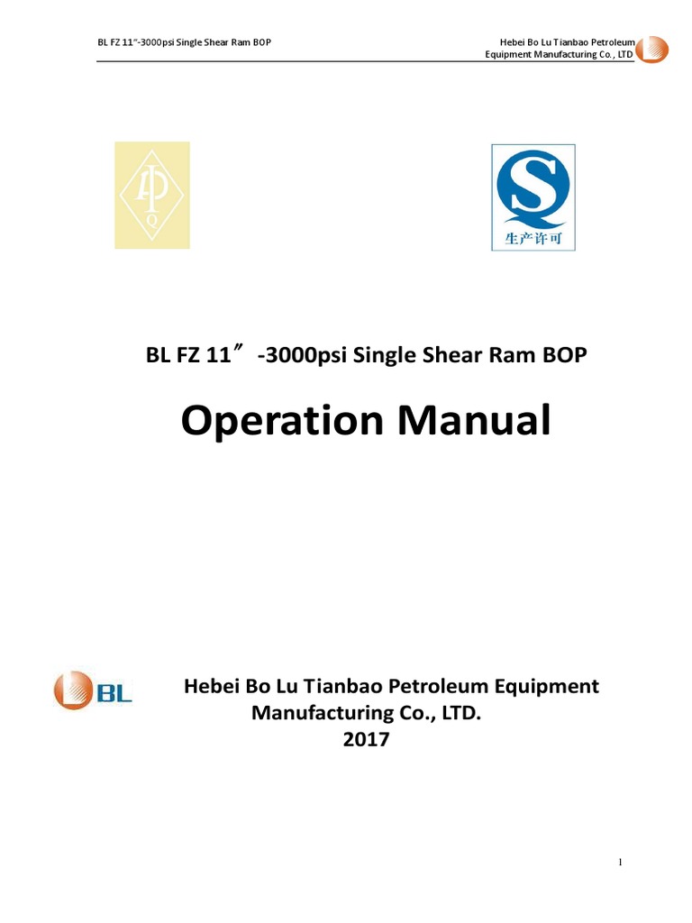 Operation Manual 11-3000psi Shear Ram Bop | PDF | Mechanical ...