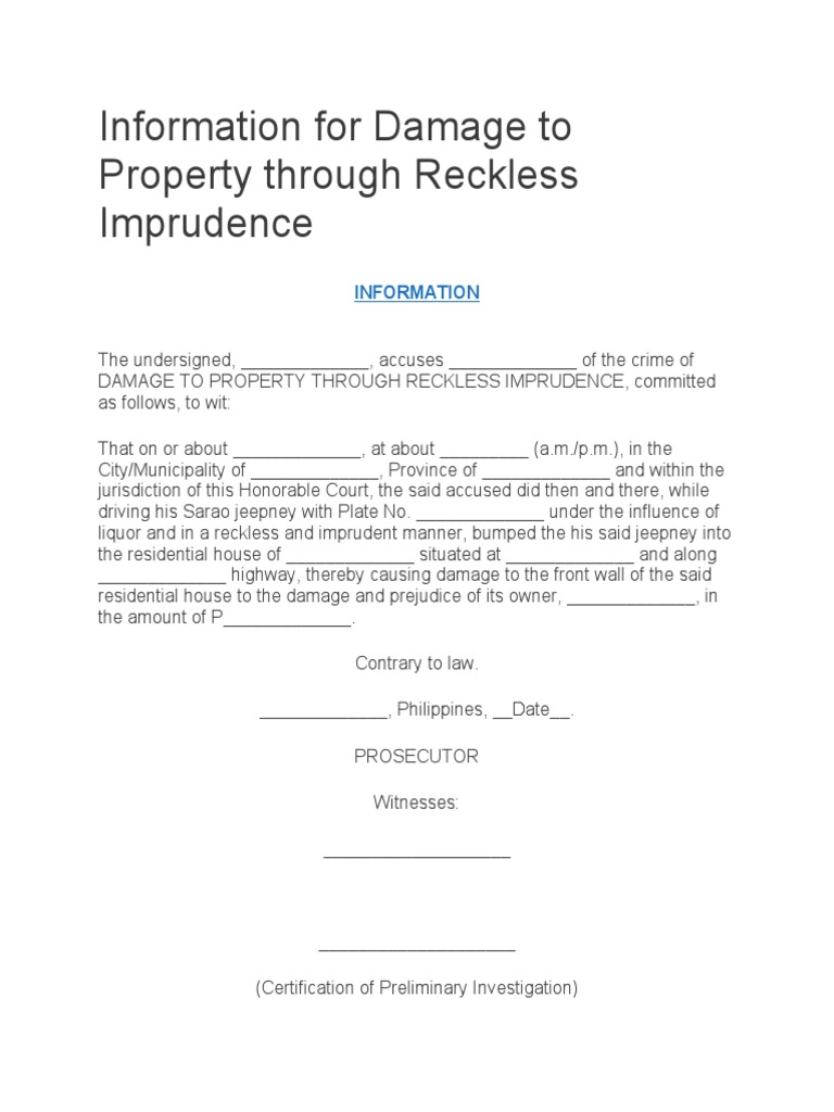 Reckless Imprudence Damage Affidavit | PDF