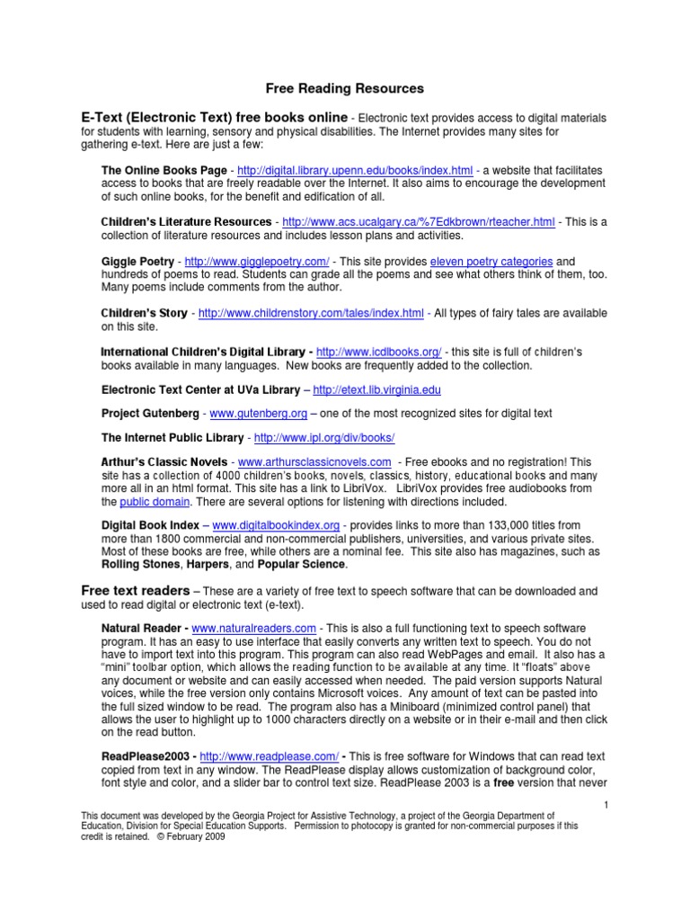 Free Reading Resources E-Text (Electronic Text) Free Books Online | PDF ...