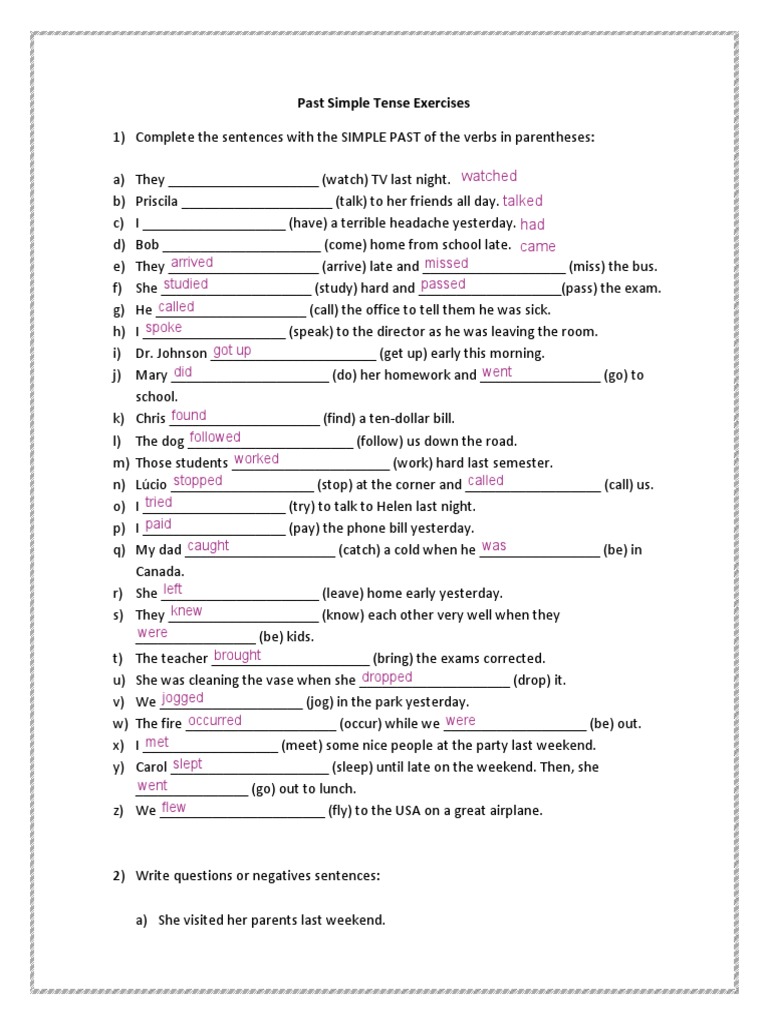 Simple Past Tense Exercises | PDF | Grammar | Linguistics