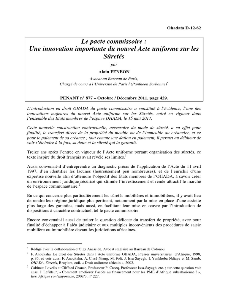 Le Nouvel Acte Uniforme Portant Organisation Des Suretes Le Pacte Commissoire: Une Innovation Importante Du Nouvel Acte Uniforme Sur Les  Sûretés | PDF | Hypothèque | Débiteur