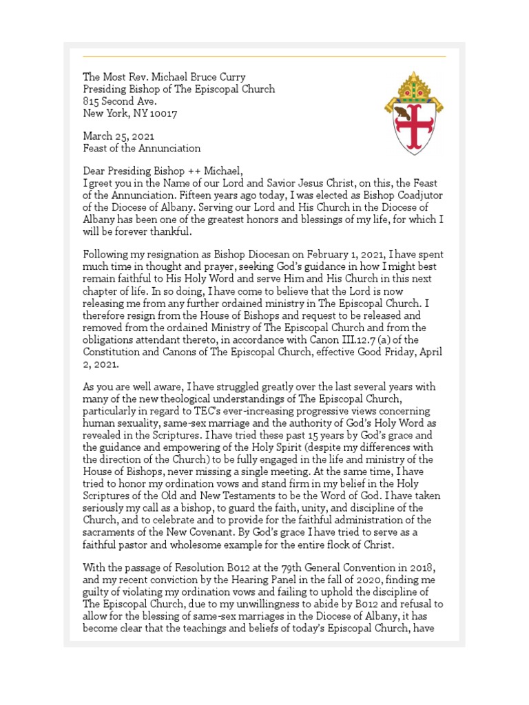 Resignation Letter from Bishop Love | PDF | Episcopal Church (United ...