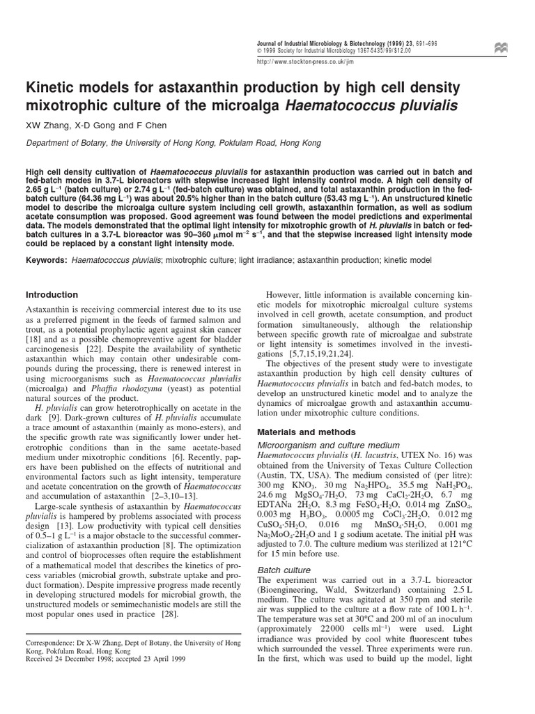 Models For Astaxanthin Production by High Cell Density